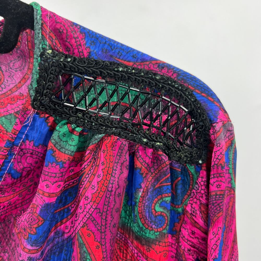 Oscar De La Renta Swirl VTG 70-80s Silk Pink Paisley Beaded Tunic Top Size P XS - Picture 5 of 10